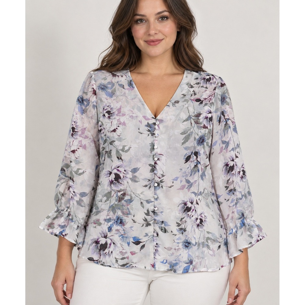 Hope & Harlow Floral V-Neck Ruffle Cuff Button Front Blouse Blue Purple Medium
